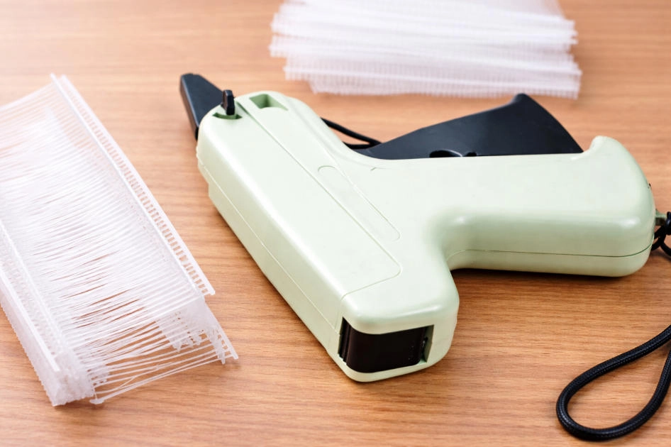 A tagging gun with different fastener lengths displayed side by side