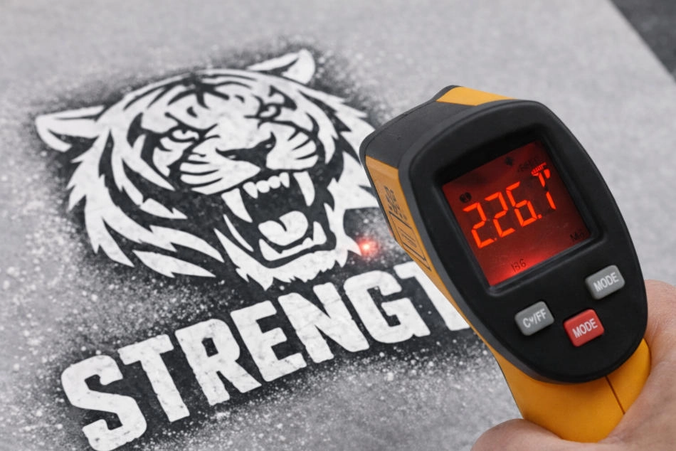 Screen Printing vs Plastisol Transfers: What Are The Differences? 3 Infrared temp gun reading ink film temperature on transfer sheet